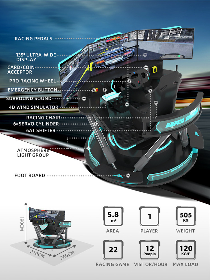 6 dof Trình mô phỏng đua xe thủy lực Trò chơi Vr Thực tế ảo 3 Màn hình Trình mô phỏng đua xe F1 1