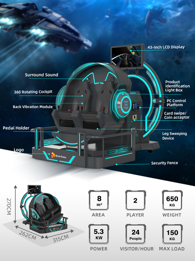 Smart Control VR 360 Flying Cinema 2 chỗ ngồi 9D VR Roller Coaster Simulator 1
